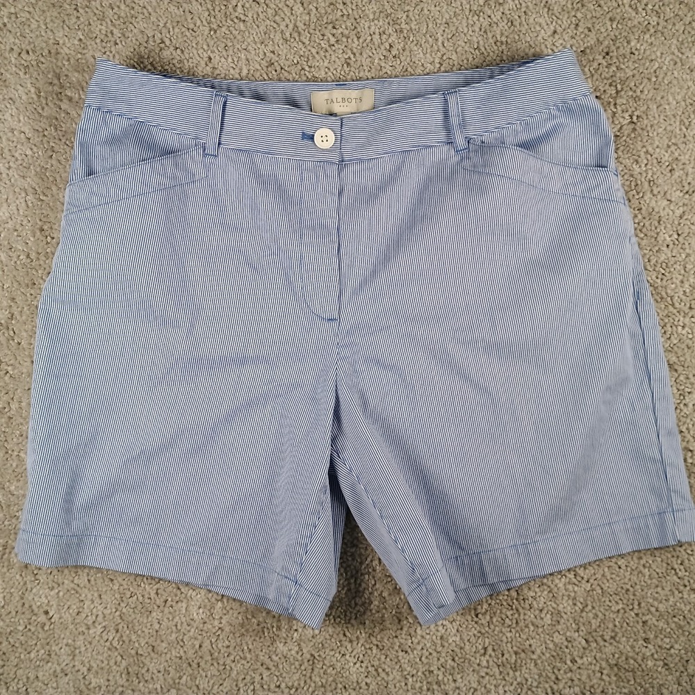 Talbots Seersucker Bermuda Shorts Womens 12 Blue White Stripe Perfect Short 7"